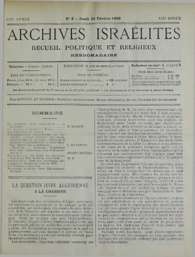 Archives israélites de France. Vol.59 N°08 (24 févr. 1898)